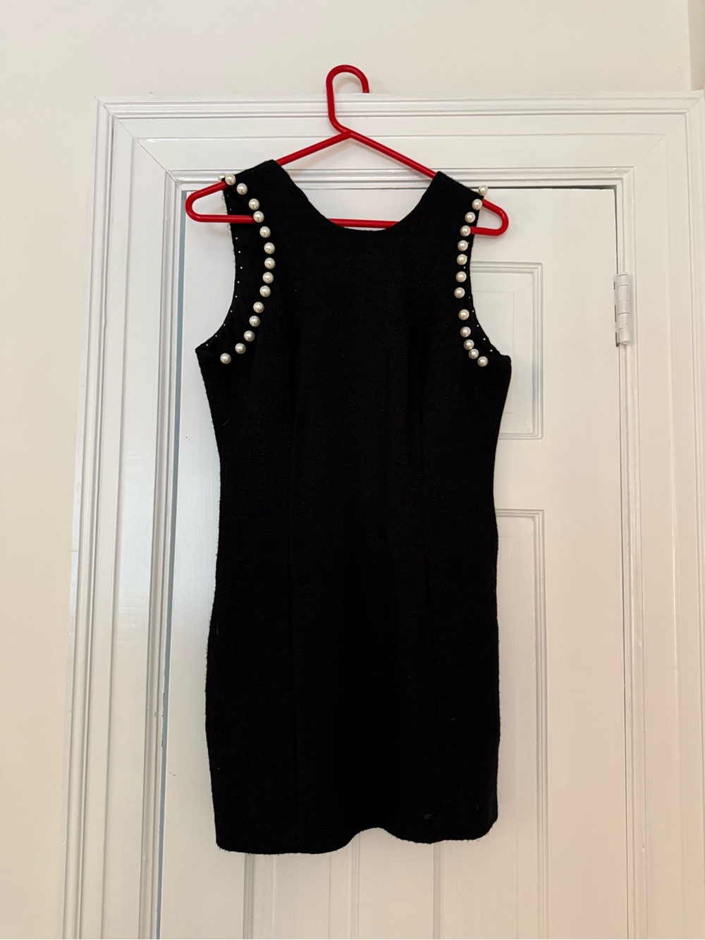 Black Pearl-Trim Sleeveless Sheath Dress